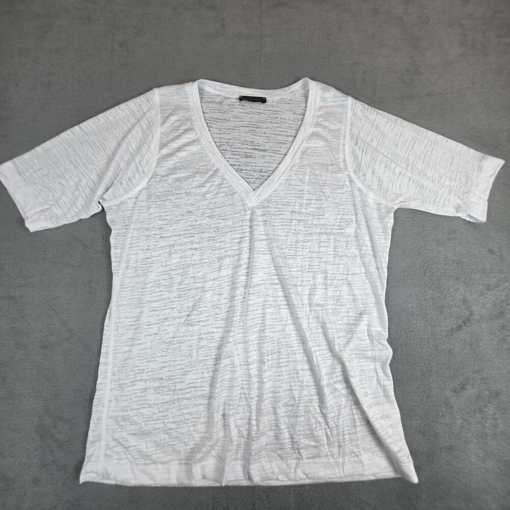 Nally & Millie Burnout V-Neck Top Women Large White Sheer Stretch Made USA